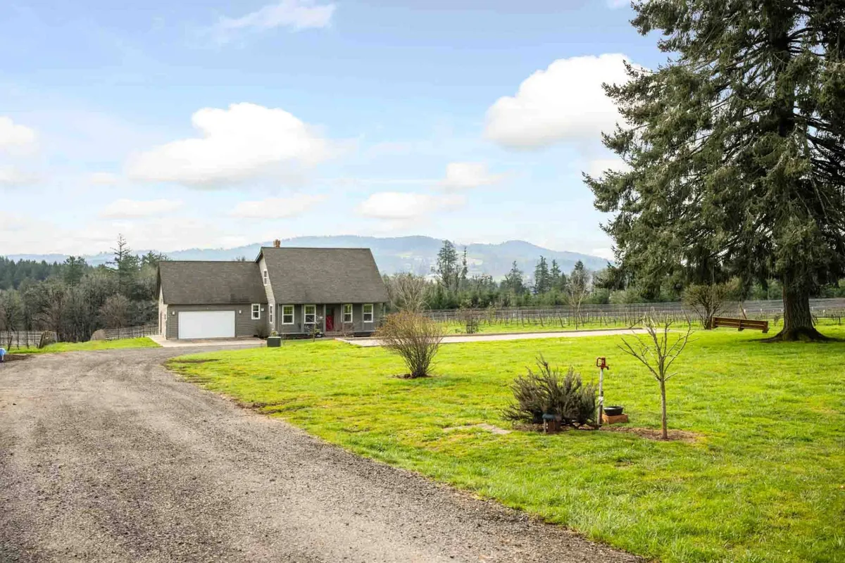 A tranquil shot highlighting the house, driveway, a large shady tree, and the surrounding vineyard landscape. The scene conveys a welcoming entry, the spaciousness of the setting, and ample room for outdoor family activities.