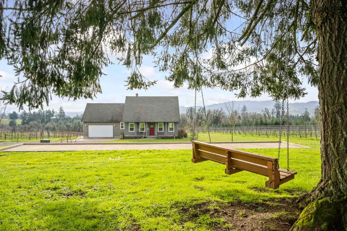 A charming swing set on the porch, overlooking an open field and vineyard in the background. The surroundings are lush and green, inviting guests to relax and enjoy the gentle movement of the swing while taking in views of the countryside and grape rows.