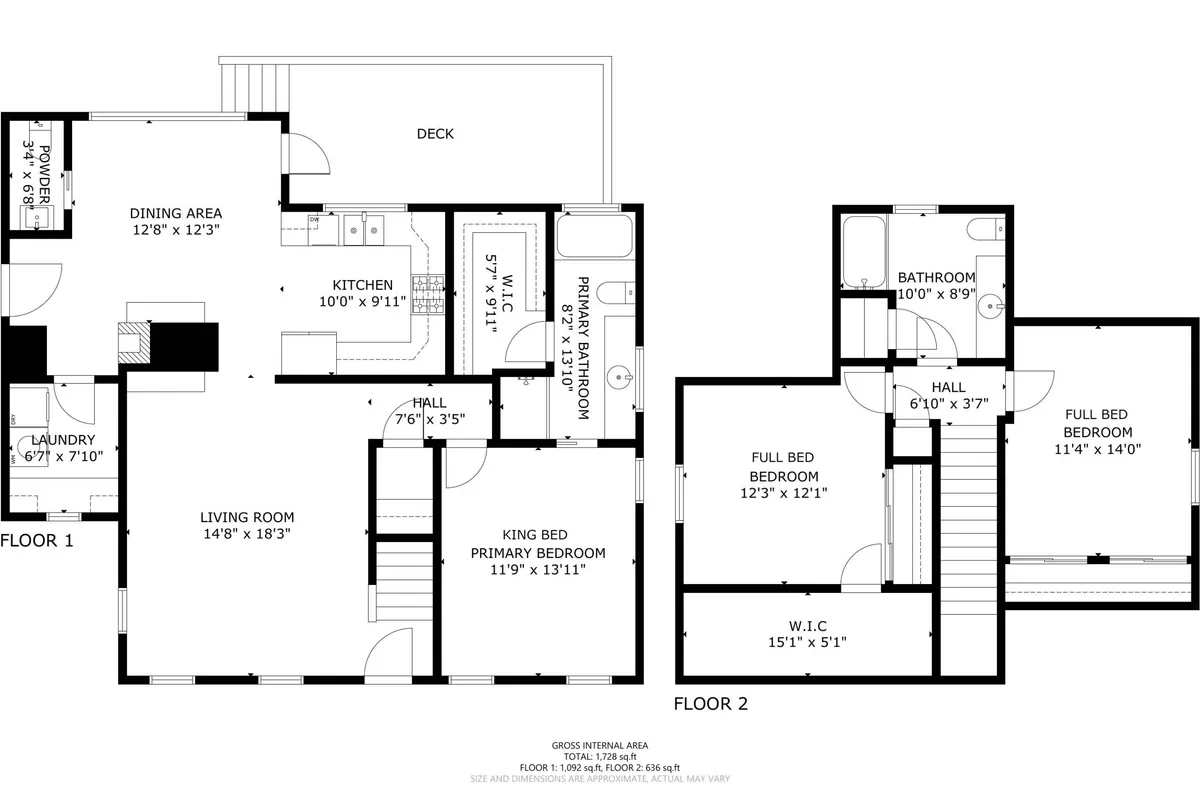 This wide-angle shot captures the open-plan layout, showing the kitchen, dining area, living room, and glimpses of the deck and primary bedroom. The abundance of natural light and visible hardwood floors reinforce the section’s emphasis on a luminous, welcoming heart of the home. Furniture is arranged to support both lively gatherings and quiet relaxation.